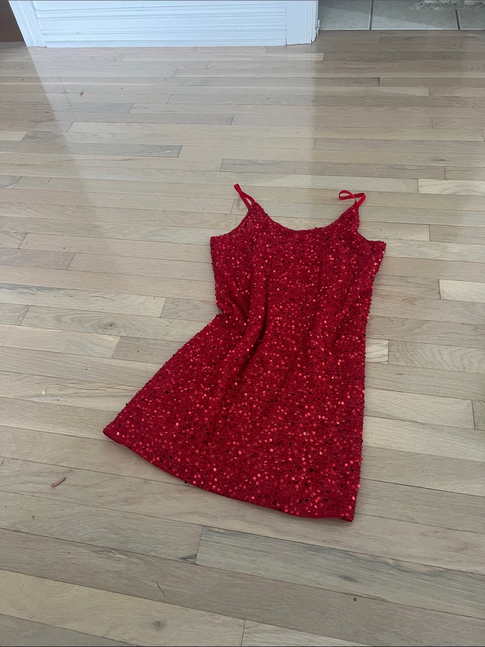 Girls Red Sequin Spaghetti-Strap Party Dress